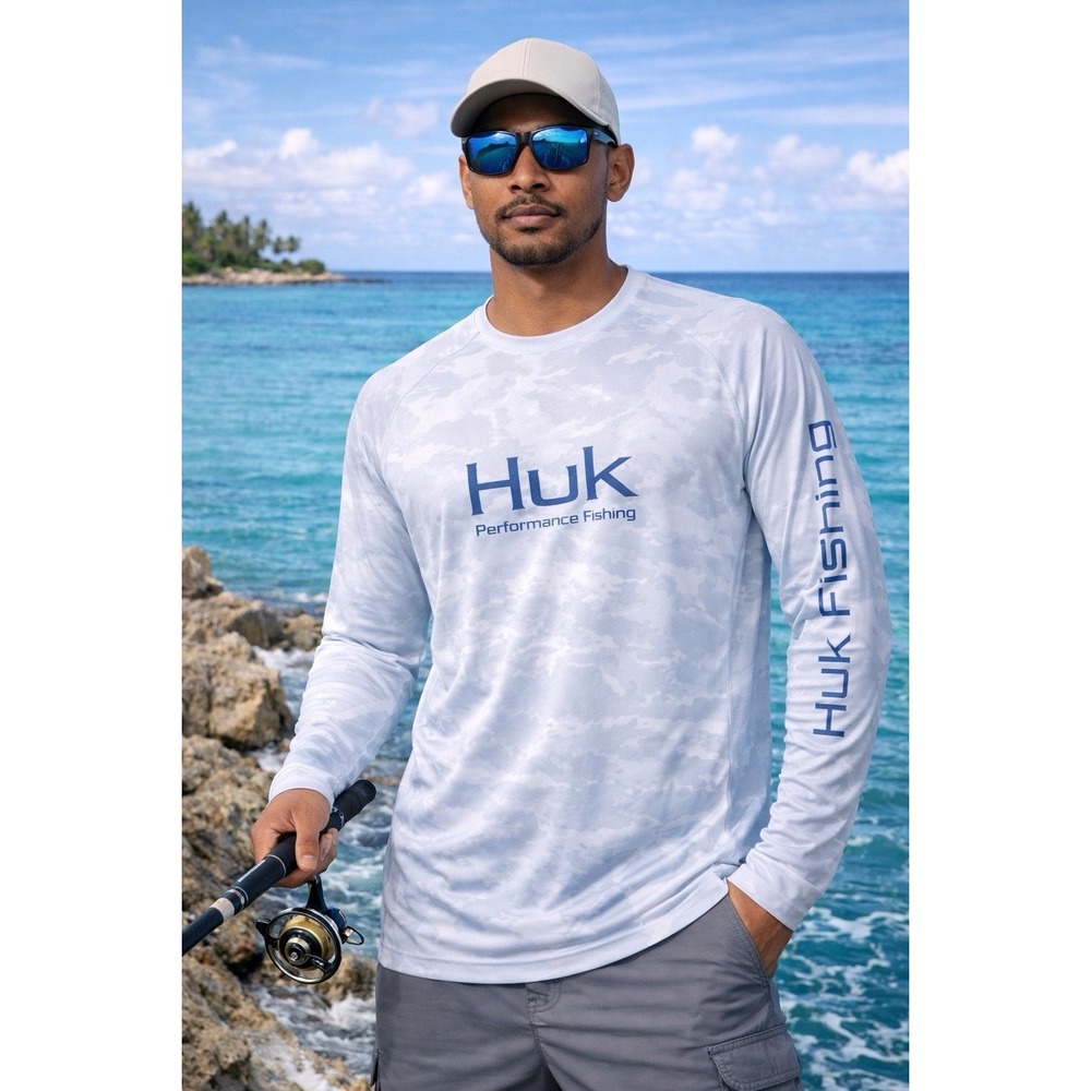 Huk Performance Long Sleeve Fishing Shirt Men XL Mossy Oak Blue Gray